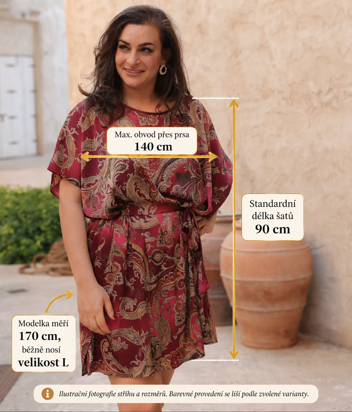 Rozměry šatů Kaftanlicious – obvod přes prsa 140 cm, standardní délka 90 cm